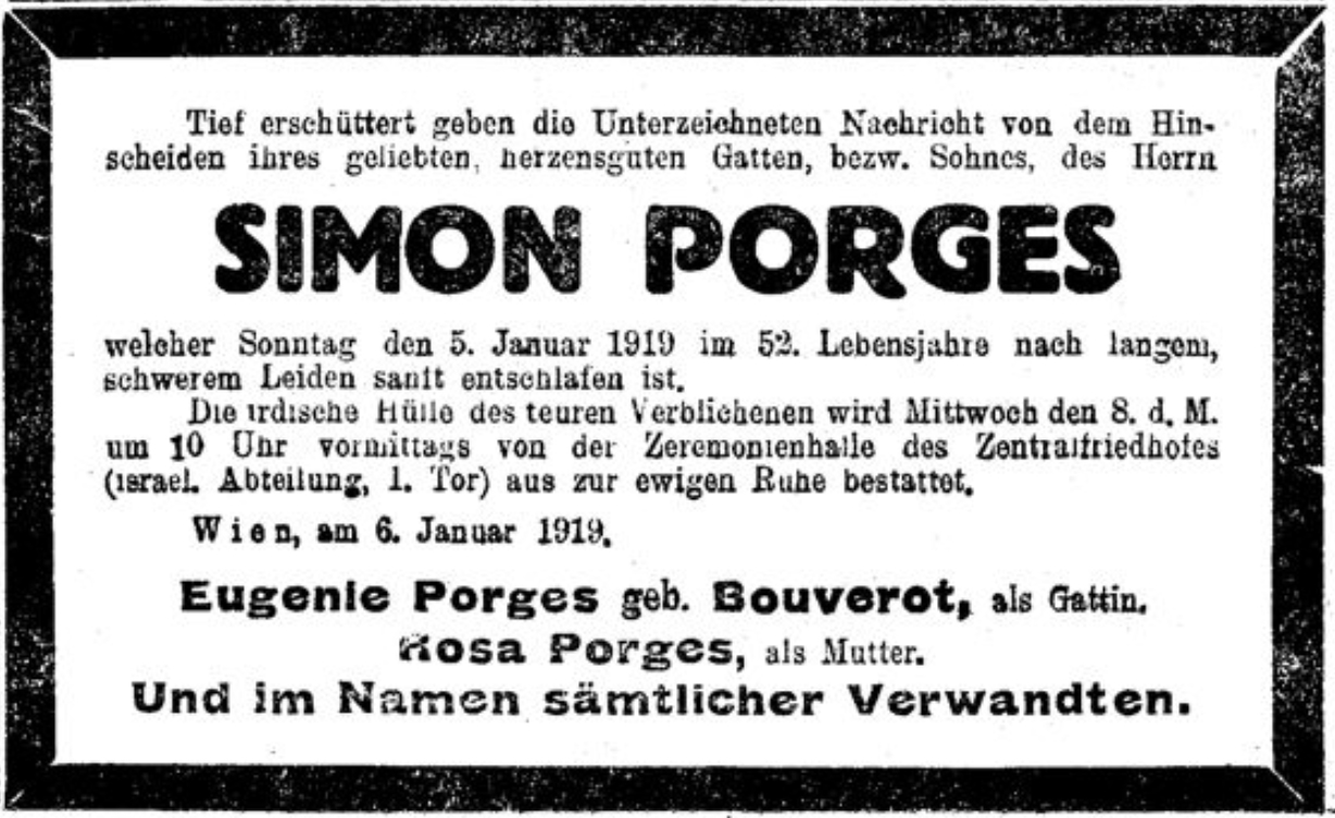 Faire-part of Simon Porges, Vienna 5 January 1919